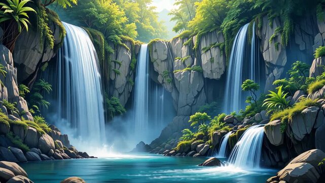 Tropical waterfall landscape featuring multiple cascades flowing into a clear blue pond, surrounded by lush jungle greenery, palm leaves, and rocky cliffs in a stylized digital art style.