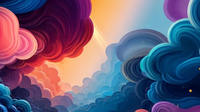 Stylized vibrant clouds in shades of blue pink and orange with glowing stars and radiant sunlight in a whimsical dreamlike sky illustration.