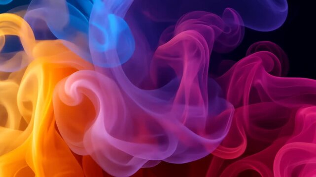 Colorful ink swirls in water creating vibrant orange, pink, and purple smoke patterns against a dark background for an abstract artistic effect.