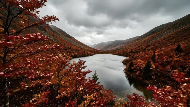 Vibrant autumn leaves frame a serene mountain lake nestled in a picturesque valley under a cloudy sky, with a single leaf gently falling. Ideal for nature documentaries, travel ads,