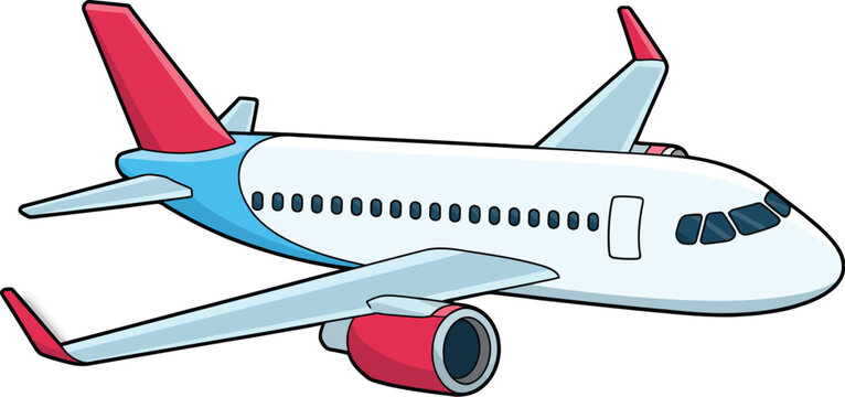 Airplane digital illustration, commercial aircraft side profile, white blue red colors, minimalist vector art, smooth curves and sharp angles, drop shadow, white background