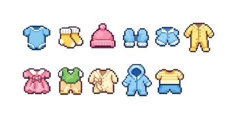 Fototapeta premium Collection of pixel art baby clothes and accessories for different seasons