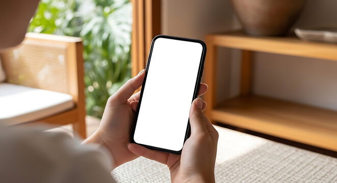 Close-up of hands holding a modern smartphone with a blank white screen, ready for digital content, app usage, and personal connection indoors