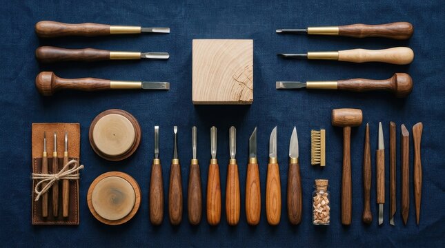 Flat lay of woodworking tools on dark fabric background