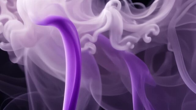 Swirling lilac purple ink clouds and ethereal smoke patterns diffusing gracefully in water against a dark black background creating an abstract liquid texture.