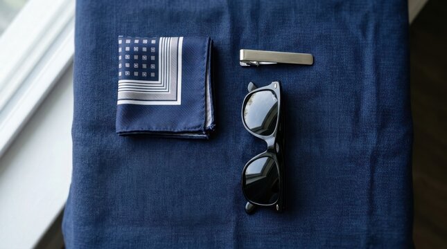 Elegant men's accessories on a dark blue fabric background