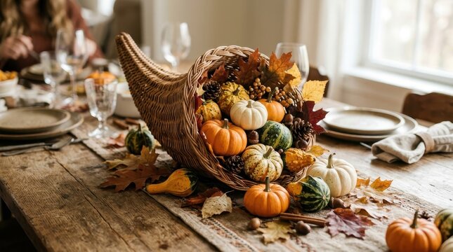 Autumn cornucopia centerpiece on rustic wooden dining table