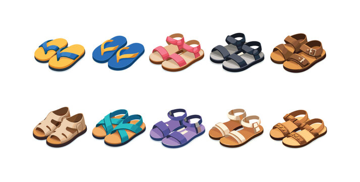 Collection of diverse summer footwear including flip-flops and sandals for various styles