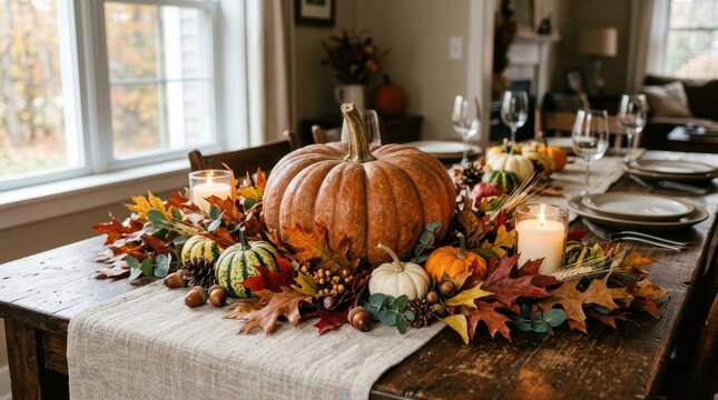 Rustic autumn table setting with pumpkins and candles for Thanksgiving