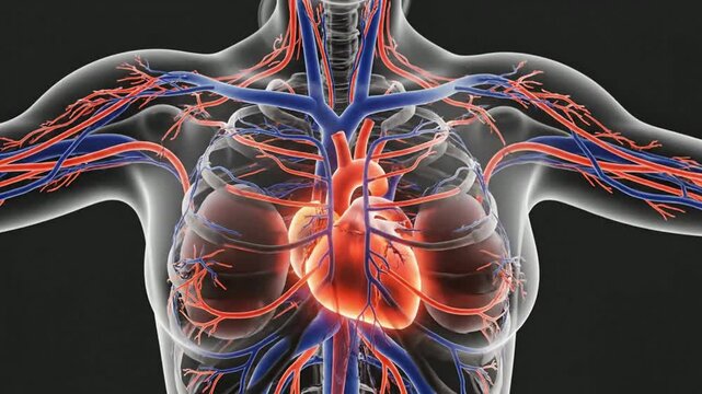 Human heart anatomy visualization featuring glowing beating cardiac muscle with complex network of red arteries and blue veins