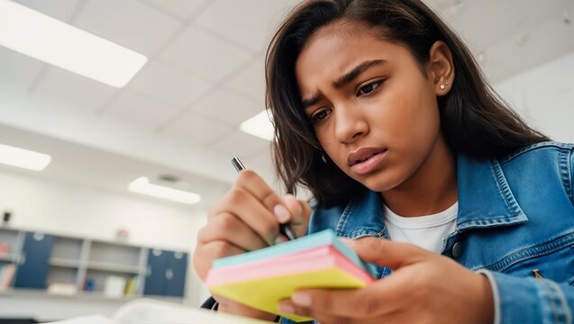 Concerned young female student writing on sticky notes in classroom. Confused teenager studying for exam. Education and stress concept