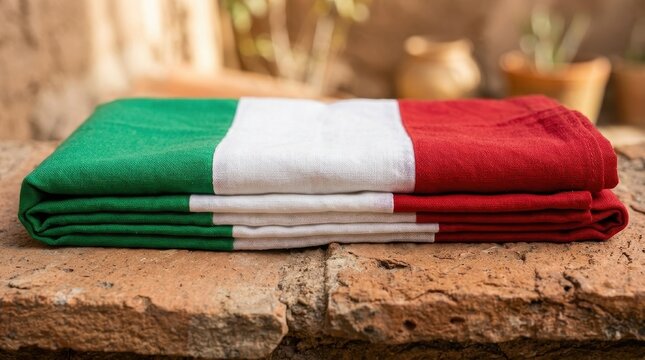 Folded Italian flag on rustic stone surface outdoors