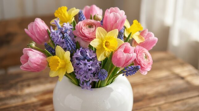 Vibrant spring bouquet with tulips and daffodils in white vase