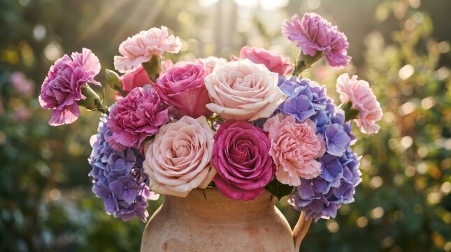 Vibrant bouquet of roses and hydrangeas in sunlight garden setting