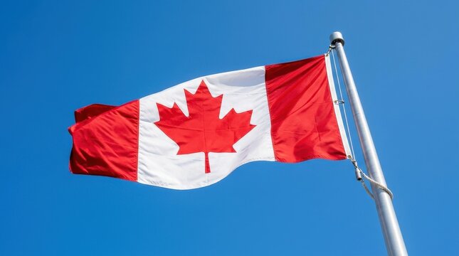 Canadian flag waving against a clear blue sky