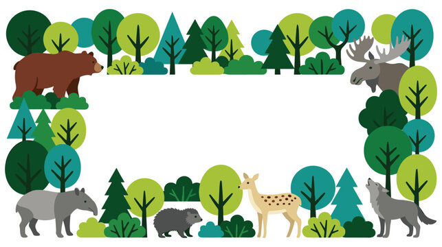 Forest animals frame with bear moose deer wolf and other wild creatures