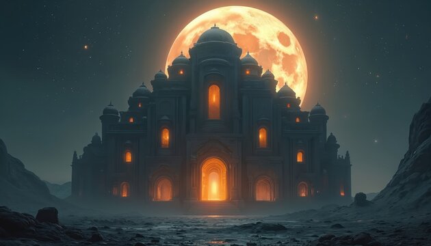 Dark alien temple structure with glowing windows sits on barren planet. Huge orange moon hangs in starry sky behind ancient building. Eerie mystical atmosphere.