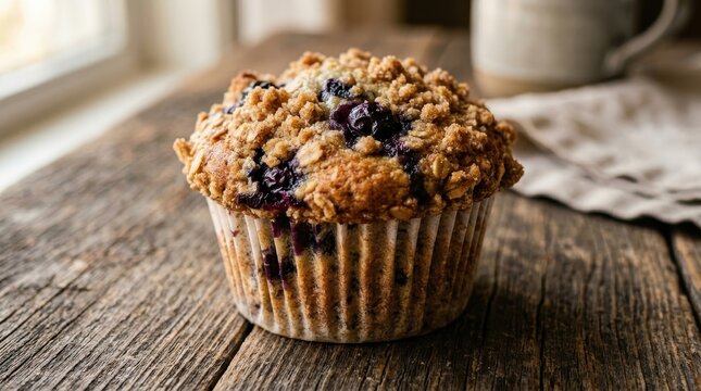 Homemade blueberry muffin on rustic wooden table by window