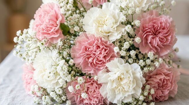 Elegant bouquet of pink and white carnations with baby's breath