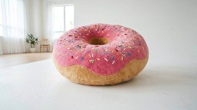 Large pink frosted donut with sprinkles in minimalistic room