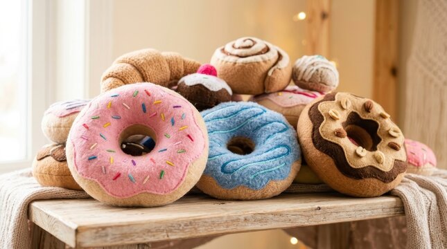 Assorted plush donuts and pastries on wooden table in cozy setting