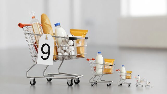 Miniature Shopping Carts with Tiny Grocery Items Demonstrating Shrinkflation Con