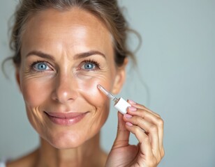 Obraz premium Mature woman with blue eyes smiles gently while applying facial serum with dropper. She focuses on anti-aging skincare routine. Healthy skin care product nourishes face skin.