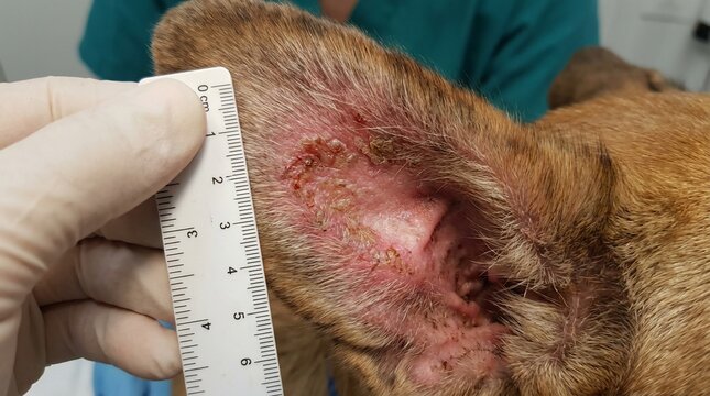 Veterinarian measuring dog's skin lesion with ruler