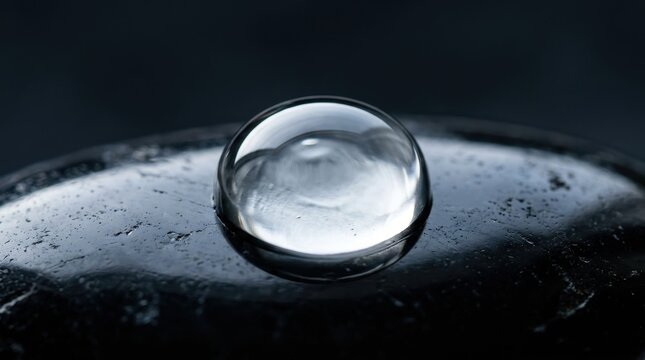 Close-up of a Water Droplet on Smooth Black Stone Surface
