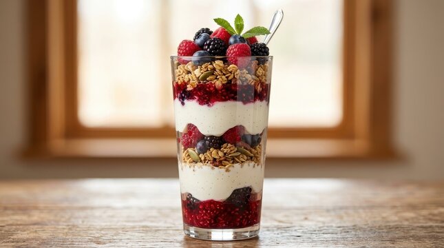 Healthy layered parfait with berries and granola in a glass cup