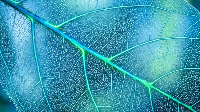 Macro close up of a vibrant blue leaf showing intricate vein patterns and glowing light textures for abstract background