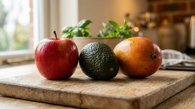 Fresh apple, avocado, and mango on wooden kitchen countertop