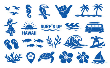 Fototapeta premium Hawaii surfer ocean for surf wave beach and island tropical vacation. Summer travel sea for palm sunset hawaii and dancer fish turtle. Hawaii flower hibiscus for surf camper surfer and wave.