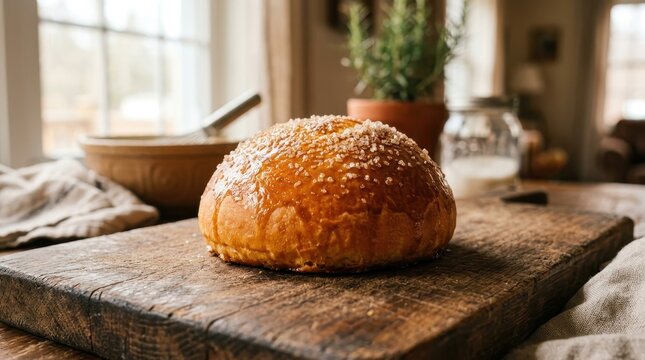 Freshly baked artisan bread on rustic wooden cutting board