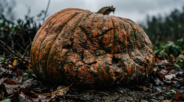 Large pumpkin in a dark, moody outdoor autumn setting