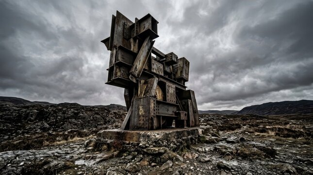Abstract metal sculpture in desolate rocky landscape under cloudy sky
