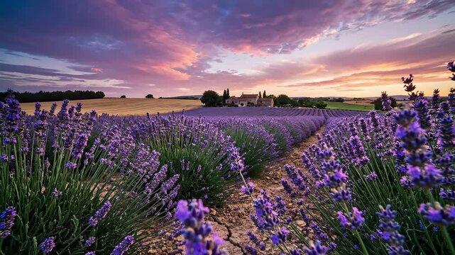 Rows of vibrant purple lavender bloom under a stunning sunset sky with a distant farmhouse, capturing the idyllic beauty of Provence for travel, nature, and tranquility projects.
