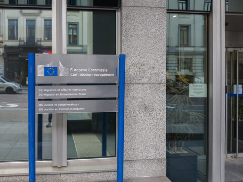 16 March 2026, Brussels, Belgium. European Commission office sign for migration, justice and consumer departments