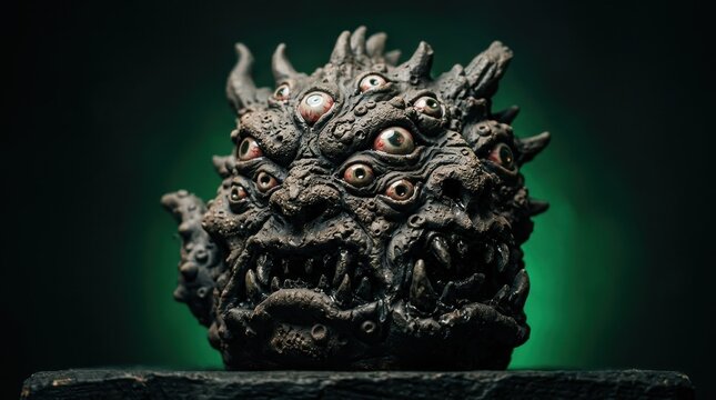 Horrifying multi-eyed monster sculpture with dark eerie background