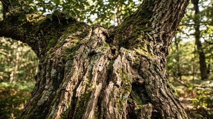 Obraz premium Ancient Oak Tree Trunk in Lush Forest Setting