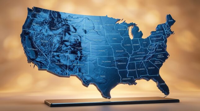 Illuminated Blue Acrylic Map of the United States on Stand