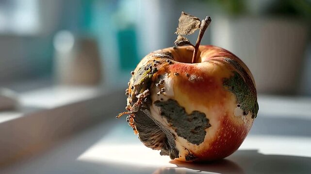 close up still life of a visibly decomposing apple on a clean bright surface the decay pattern creating a vivid natural illustration of bacterial and fungal