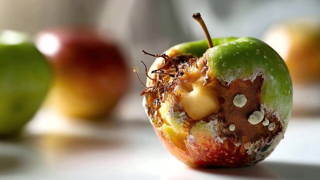 close up still life of a visibly decomposing apple on a clean bright surface the decay pattern creating a vivid natural illustration of bacterial and fungal