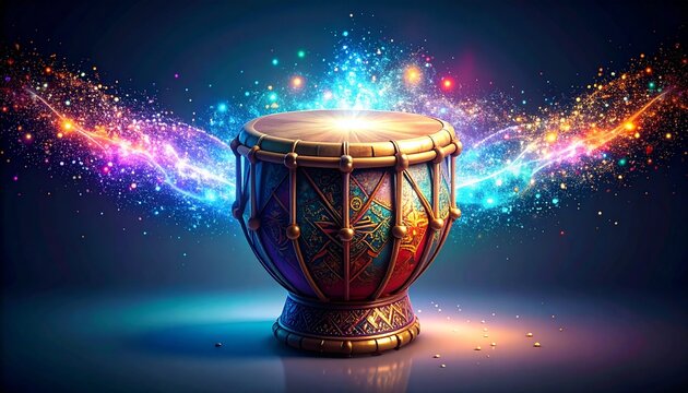 Golden bedug drum with cosmic energy waves and vibrant light particles in dark space