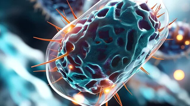 Abstract 3D digital illustration of an imaginary bacterium molecule with vivid organic shapes and membrane surface details a surrounding glow suggesting the human immune system