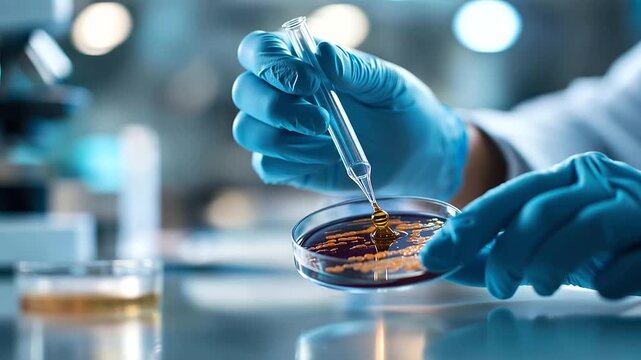 Close up of faceless laboratory technician hands from above at a bright microbiology workstation a wire inoculation loop visible in one gloved hand transferring