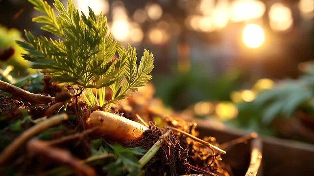 Close up of a community compost pile section illuminated by warm golden hour sunlight vivid organic material in multiple stages of decomposition visible the biological