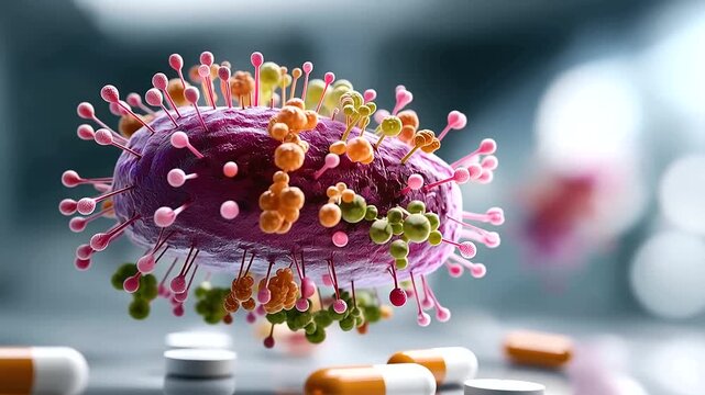 Abstract 3D render of an antibiotic resistant superbug bacterium rendered in vivid photorealistic style the large detailed bacterium cell positioned prominently above small