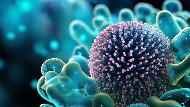 Abstract digital art composition of a vivid electric blue pattern of bacteria and cells multiple microorganism forms creating an intricate underwater garden aesthetic vivid teal