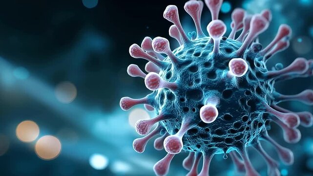 Abstract 3D digital illustration of a flu type virus particle in a vivid digital graphic design style fine surface spike proteins in precise structural arrangement against